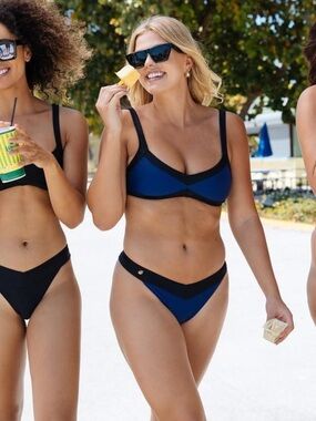 Axil Swim Black Blue Colorblock Cheeky Matching 2 Piece Bikini Set S